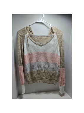 Women's Unbranded V-Neck Sweater L Beige Pink Striped Hooded
